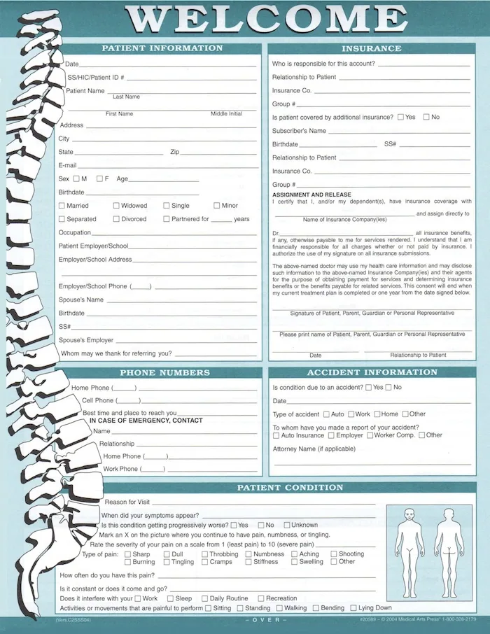 Medical patient intake form with sections for welcome information, patient data, insurance details, emergency contacts, and health history