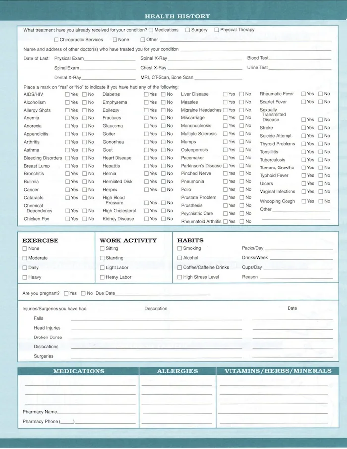 Medical history intake form with sections for health conditions, treatments, exercise, work activity, habits, injuries, medications, and allergies