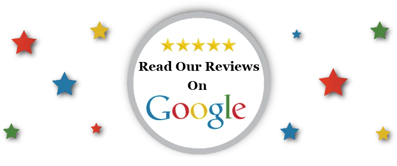 Read Our Reviews On Google logo with five-star rating surrounded by colorful stars