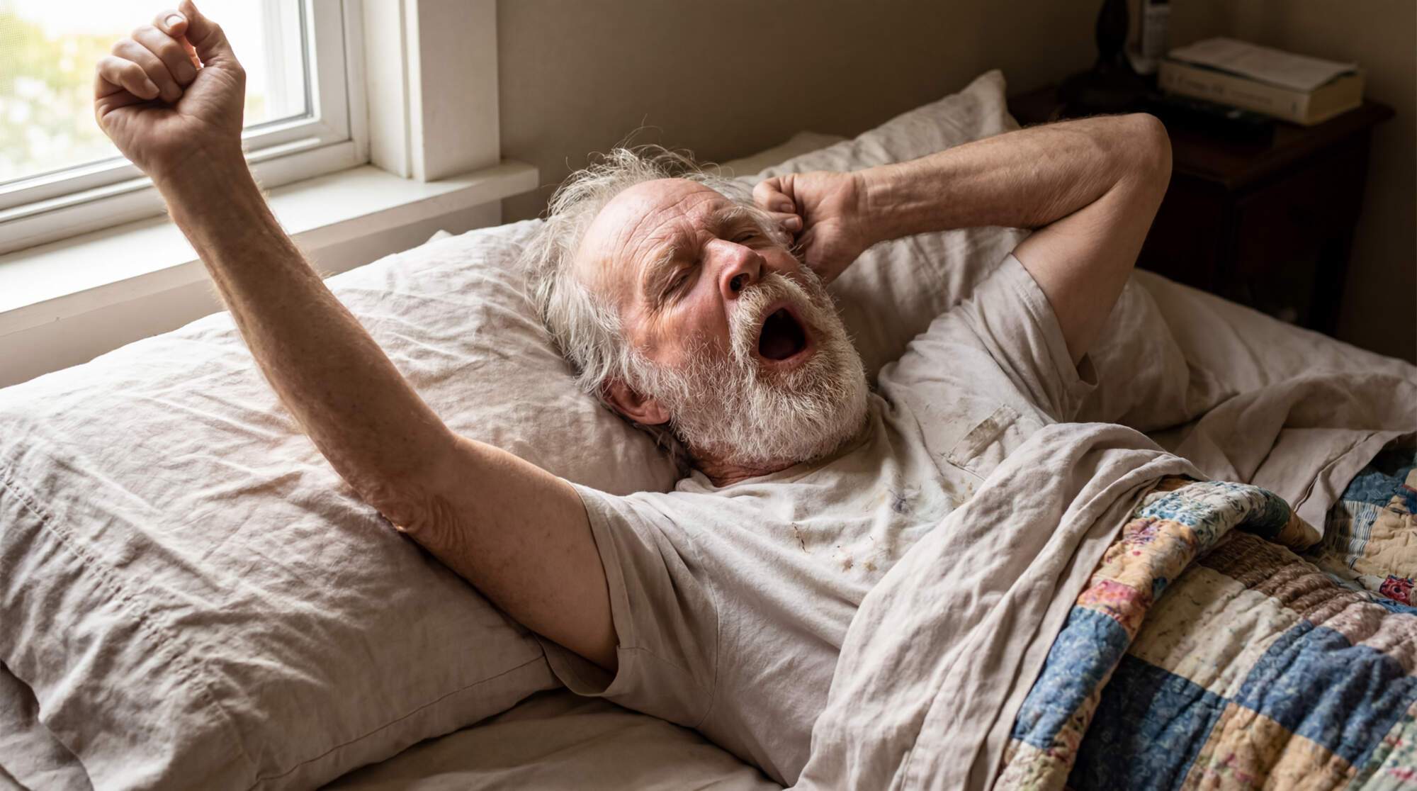 Older man with gray beard yawning and stretching in bed after waking up in the morning